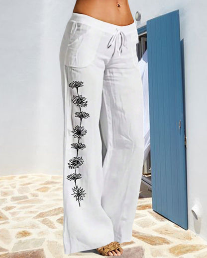 Casual floral print wide leg pants with lacing and pocket