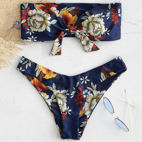 Modefest- Frauen-Bandeau-Bikini-Set mit Blumenmuster Klein