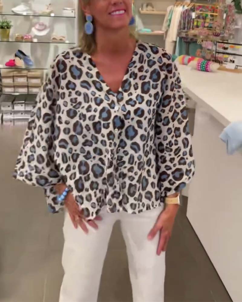 Modefest- Lockere bluse mit leopardenmuster, knöpfen am v-ausschnitt und fledermausärmeln