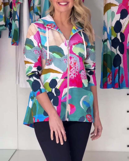 Casual zip-up jacket with lapels and colorful print