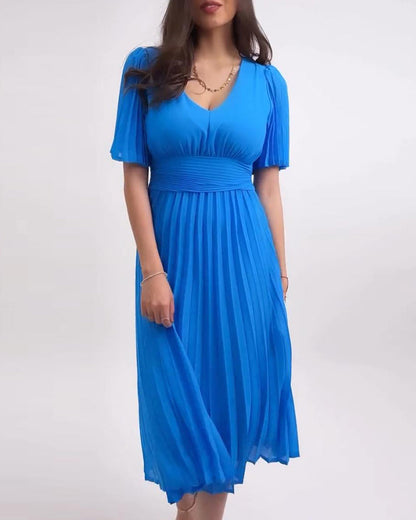 Elegant, plain pleated dress with v-neck