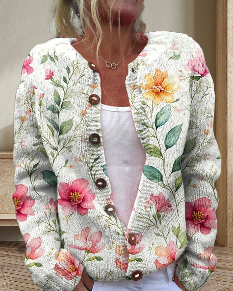 Lässiger Cardigan mit Blumenknöpfen und langen Ärmeln