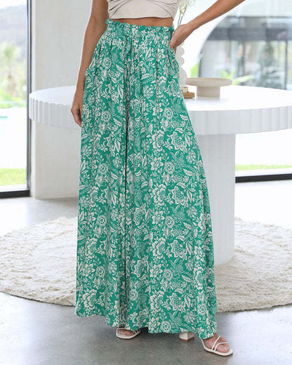 Modefest- Lässige Hose mit weitem Bein und Blätterdruck Grün