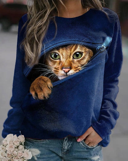 Modefest- Langarm-Sweatshirt mit Rundhalsausschnitt und Katzen-Print Blau