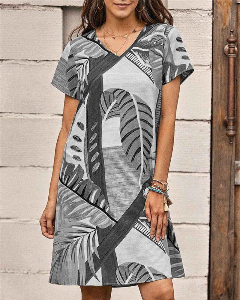 Modefest- Kurzärmliges Kleid mit Blättern Grau