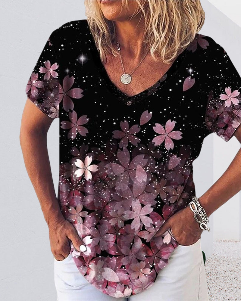 Modefest- T-Shirt mit Blumen- und Karomuster und kurzen Ärmeln