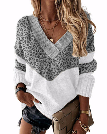 Modefest- Pullover mit Leopardenmuster und V-Ausschnitt Grau