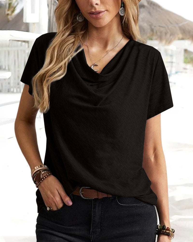Modefest- T-Shirt mit Wasserfallausschnitt und kurzen Ärmeln Schwarz