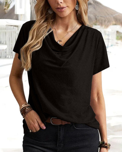 Modefest- T-Shirt mit Wasserfallausschnitt und kurzen Ärmeln Schwarz