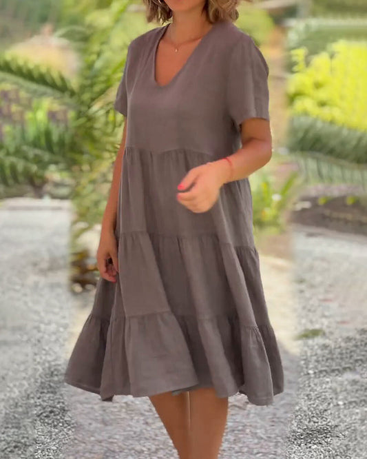 Modefest- Einfarbiges Kleid aus Baumwollleinen mit V-Ausschnitt Braun