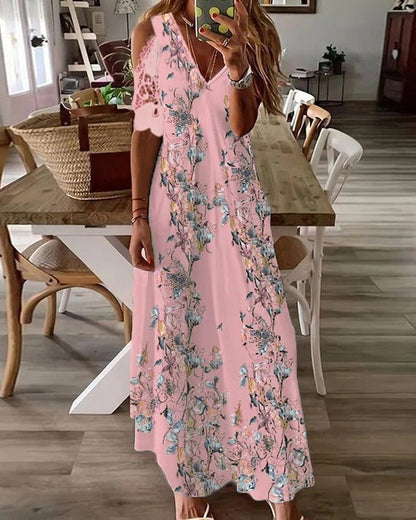 Modefest- Kleid mit Blumendruck und kurzen Spitzenärmeln Rosa