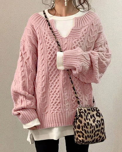 Modefest- Einfarbiger Pullover mit Zopfmuster Rosa