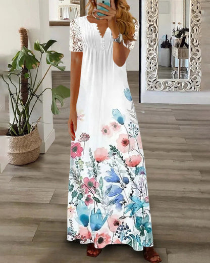 Modefest- Langes Kleid mit Blumendruck und kurzen Ärmeln aus Spitze Blau