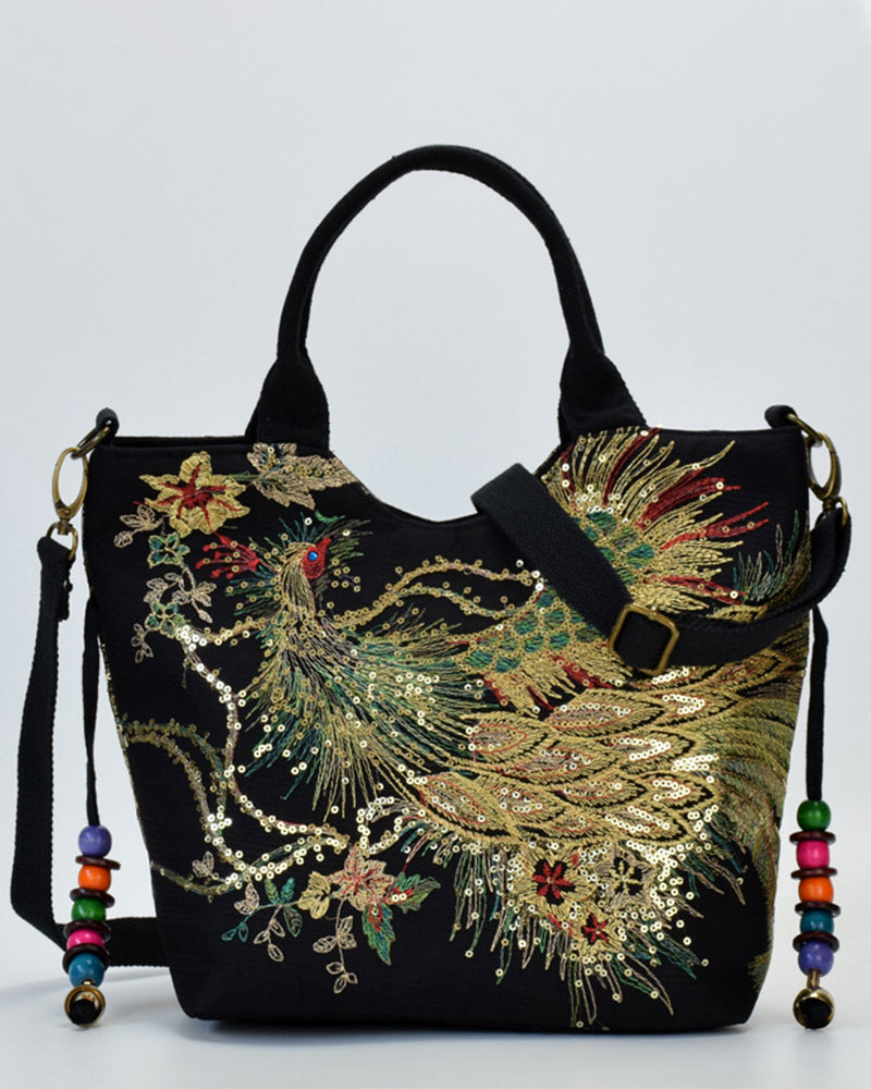 Modefest- Tasche im ethnischen Stil mit Pfau-Stickerei Schwarz Umhängetasche