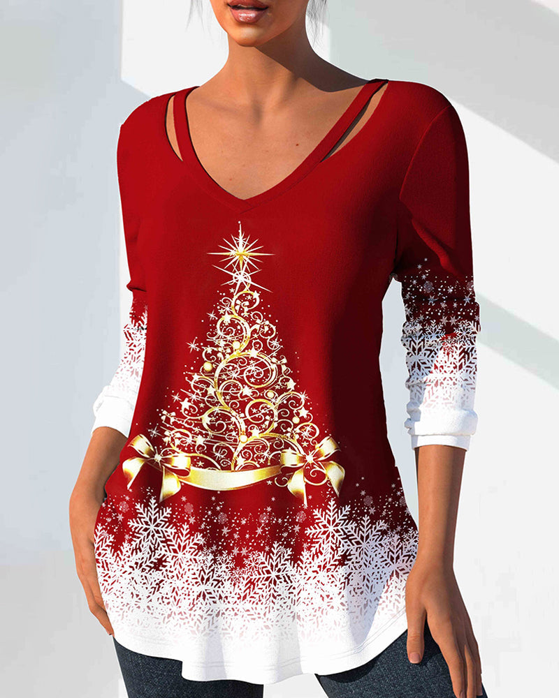 Modefest- Top mit Schneeflocken-Weihnachtsbaum-Print