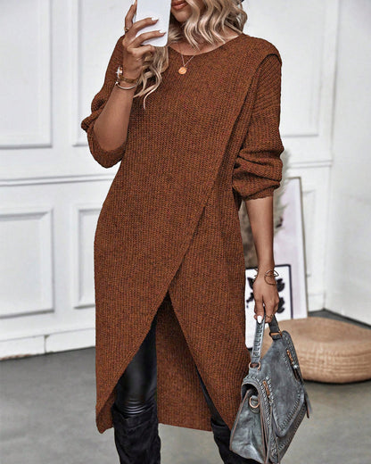 Modefest- Einfarbiges Pulloverkleid mit unregelmäßigem Saum Braun
