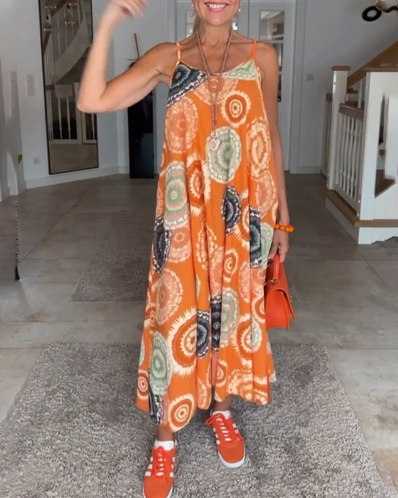 Modefest- Ärmelloses bedrucktes Kleid mit V-Ausschnitt Orange
