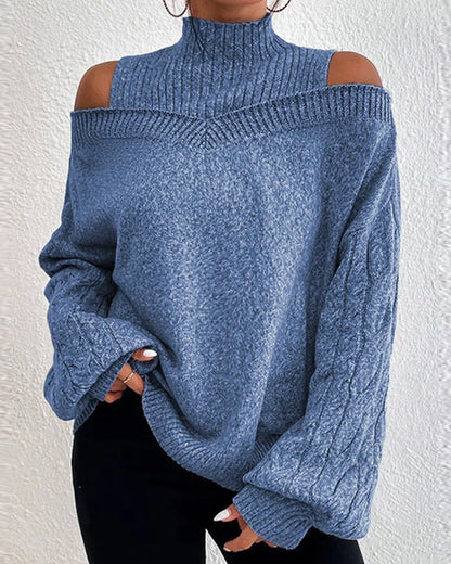 Modefest- Schicker einfarbiger Pullover mit hohem Halsausschnitt, kalter Schulter und langen Ärmeln Blau