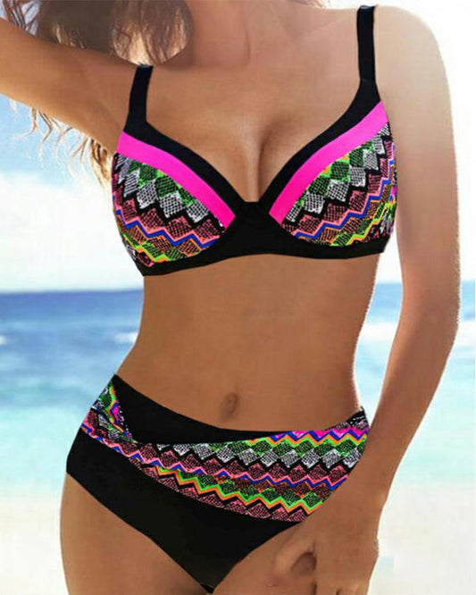 Modefest- Push-up-Bikinis mit hoher Taille und Streifendruck Rosa
