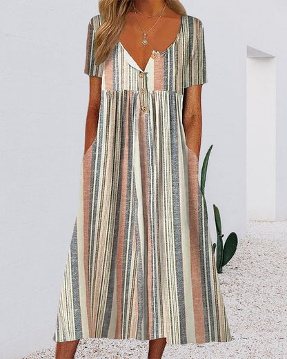 Modefest- Kleid mit gestreiftem Farbblockdruck und Tasche