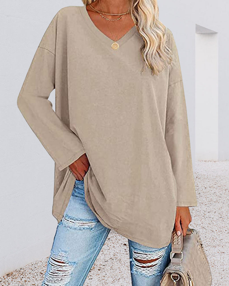 Modefest- Einfarbiges, langärmliges Damen-bluse mit V-Ausschnitt Beige