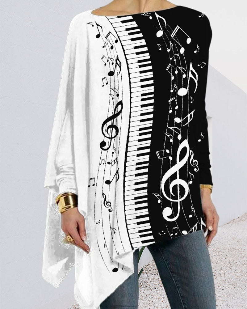 Modefest- Unregelmäßiges Langarm-Top mit Piano-Print