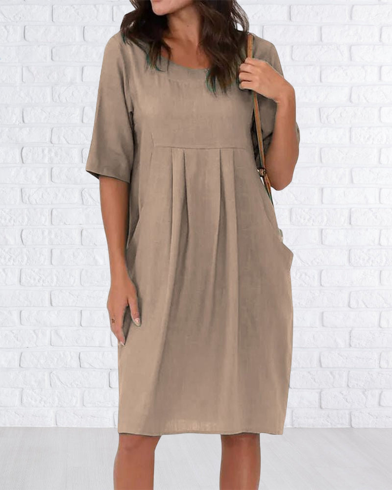 Modefest- Einfarbiges Kleid mit Rundhalsausschnitt und Taschen Khaki
