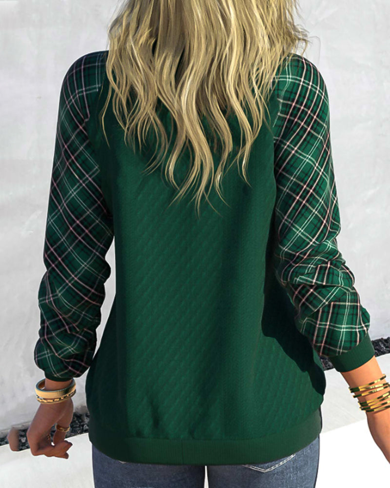 Modefest- Kariertes Sweatshirt mit V-Ausschnitt und langen Ärmeln
