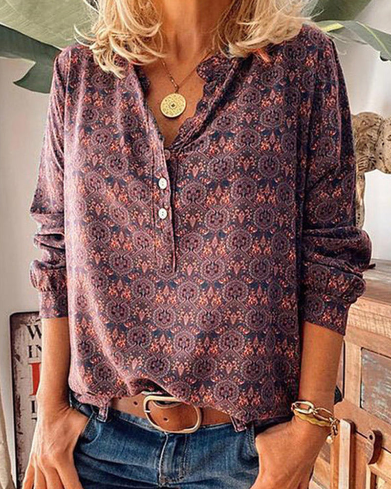 Modefest- Langarm-Bluse mit Vintage-Print Weinrot