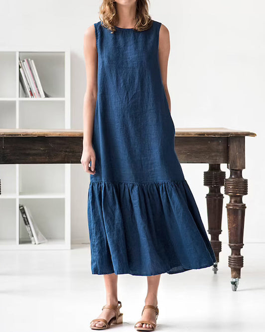 Modefest- Rüschen ärmelloses Kleid in Volltonfarbe Blau