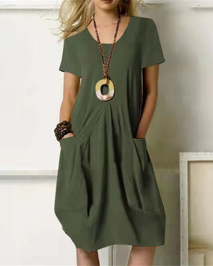 Modefest- Einfarbiges Kleid mit kurzen Ärmeln und Rundhalsausschnitt Armee grün