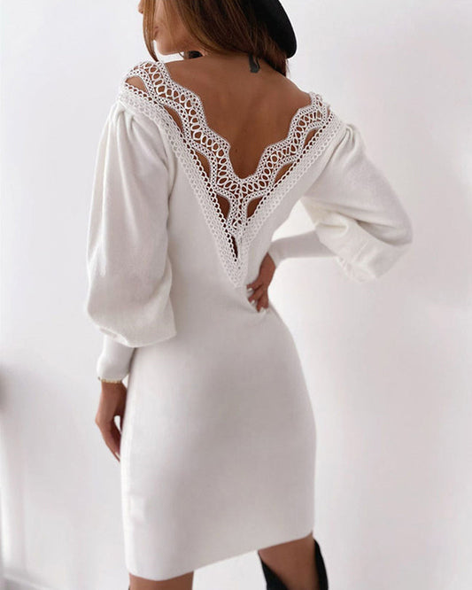 Modefest- Rückenfreies Spitzenkleid mit V-Ausschnitt Weiß