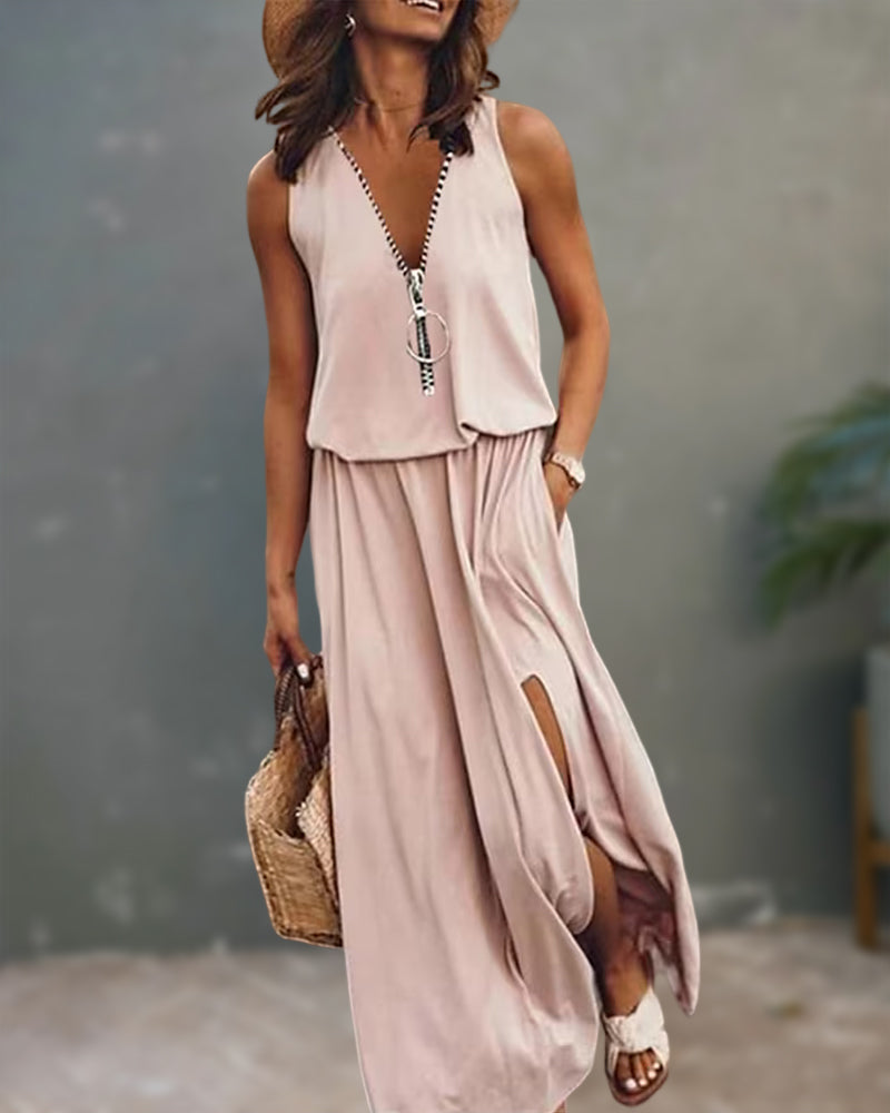 Modefest- Einfarbiges Kleid mit Reißverschluss und Schlitz