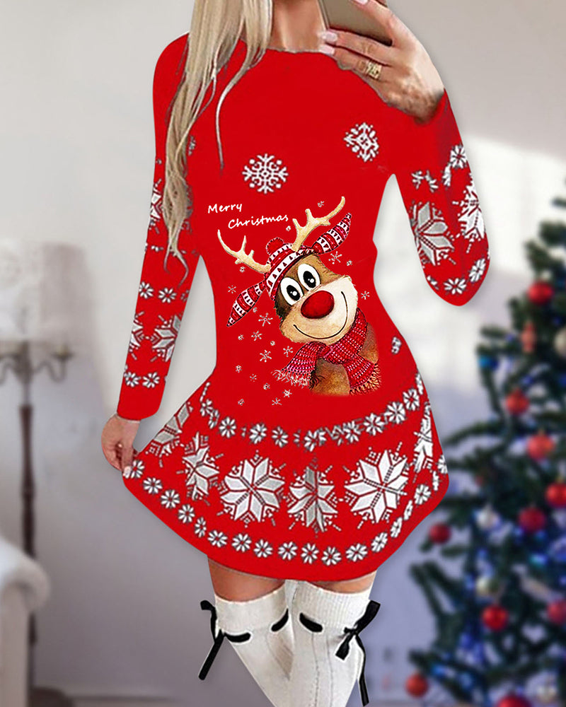 Modefest- Weihnachtskleid mit Elch- und Schneeflockenmuster und langen Ärmeln Weihnachtshirsch 2 rot