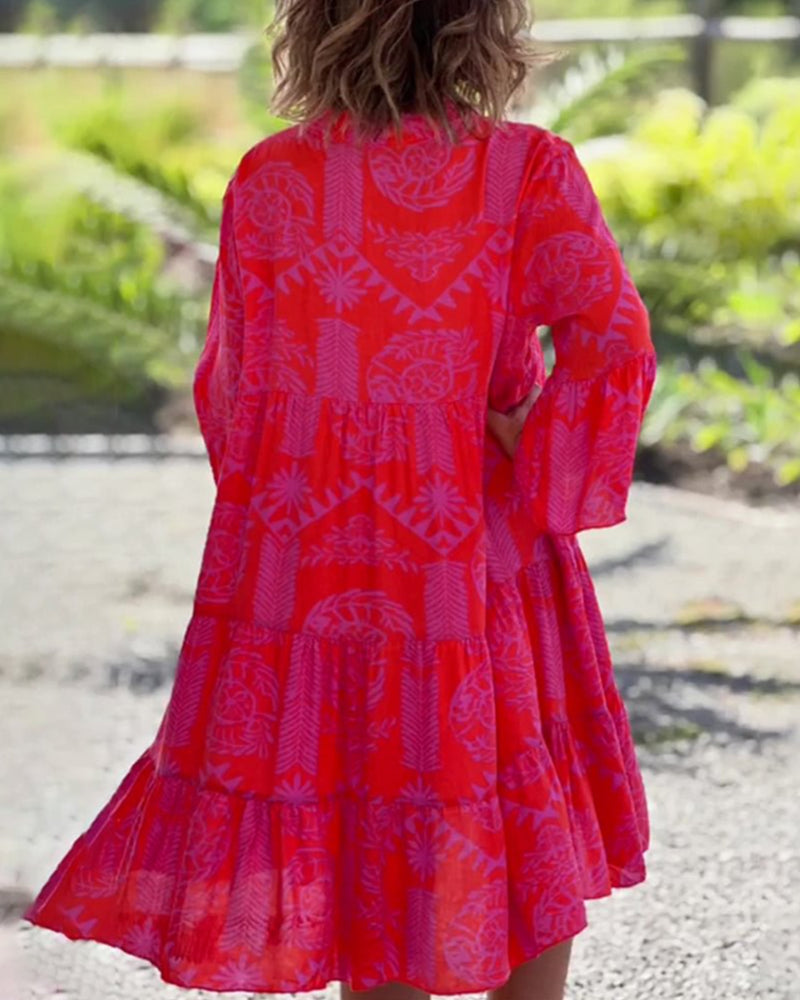 Modefest- Kleid mit 3/4-Ärmeln und geometrischem Boho-Print