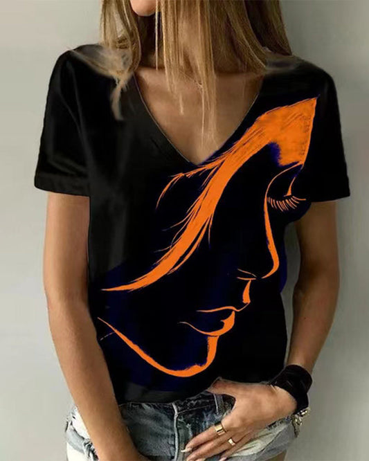 Modefest- T-Shirt mit V-Ausschnitt und Figurendruck Orange