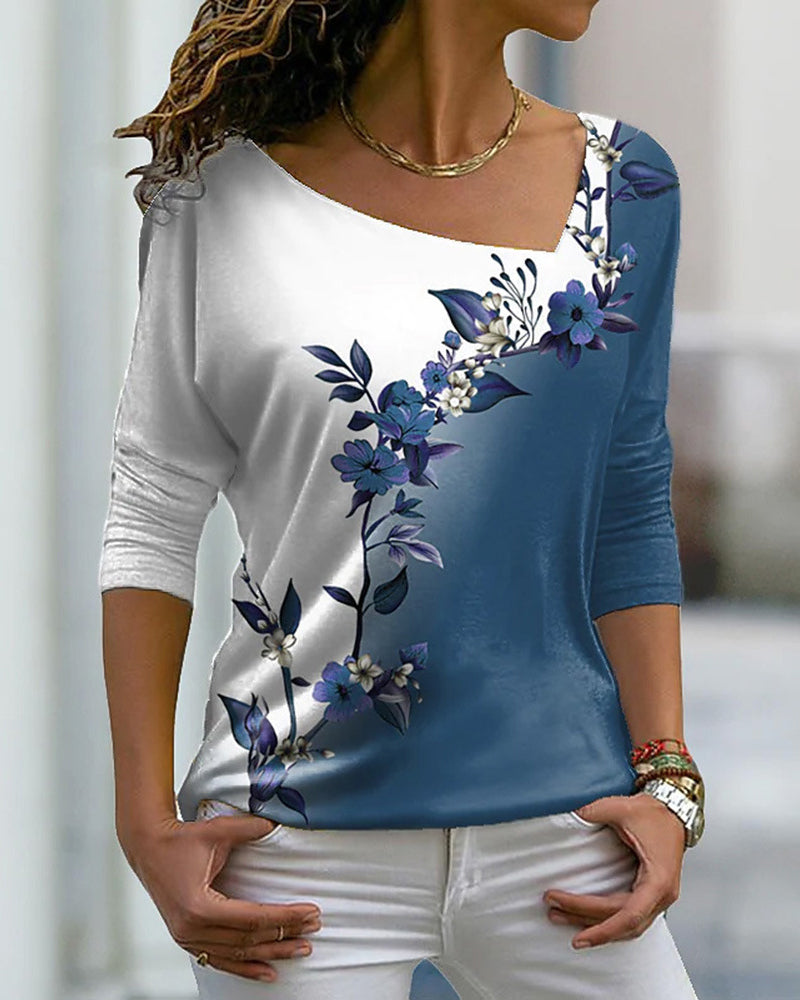 Modefest- Langarmshirt mit Blumendruck und V-Ausschnitt Blau