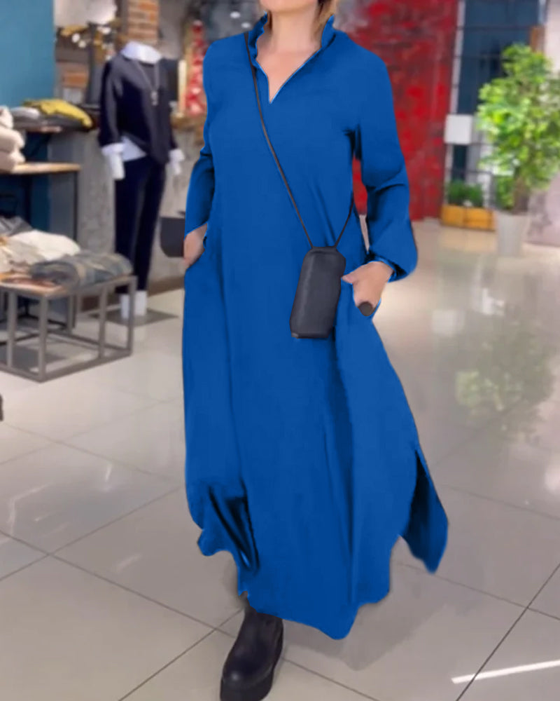 Modefest- Lockeres langes Kleid mit seitlichem Schlitzrevers Blau