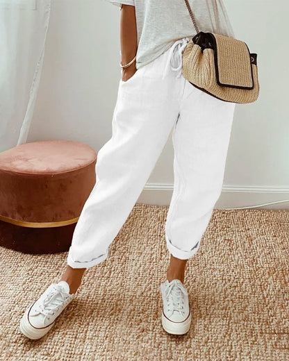 Modefest- Einfarbige Hose aus Baumwollleinen Weiß