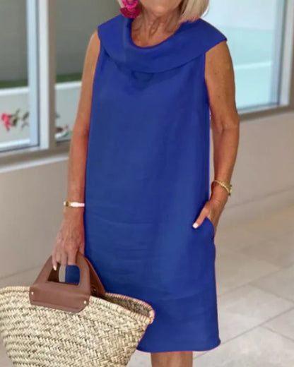 Modefest- Auffälliges einfarbiges Kleid aus Baumwolle und Leinen Blau