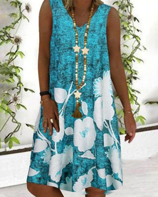 Modefest- Ärmelloses Kleid mit V-Ausschnitt-Print Blau
