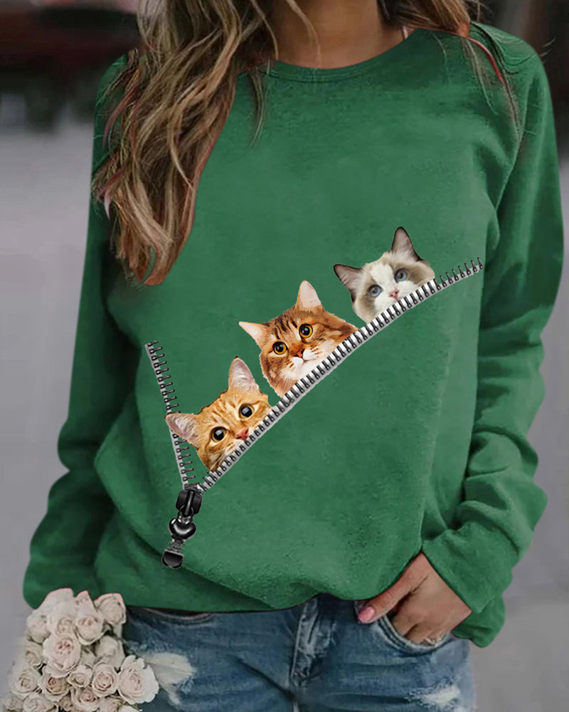 Modefest- Pullover mit Cat-Print Grün