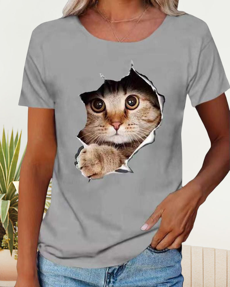 Modefest- T-Shirt mit zerrissenem Katzen-Print