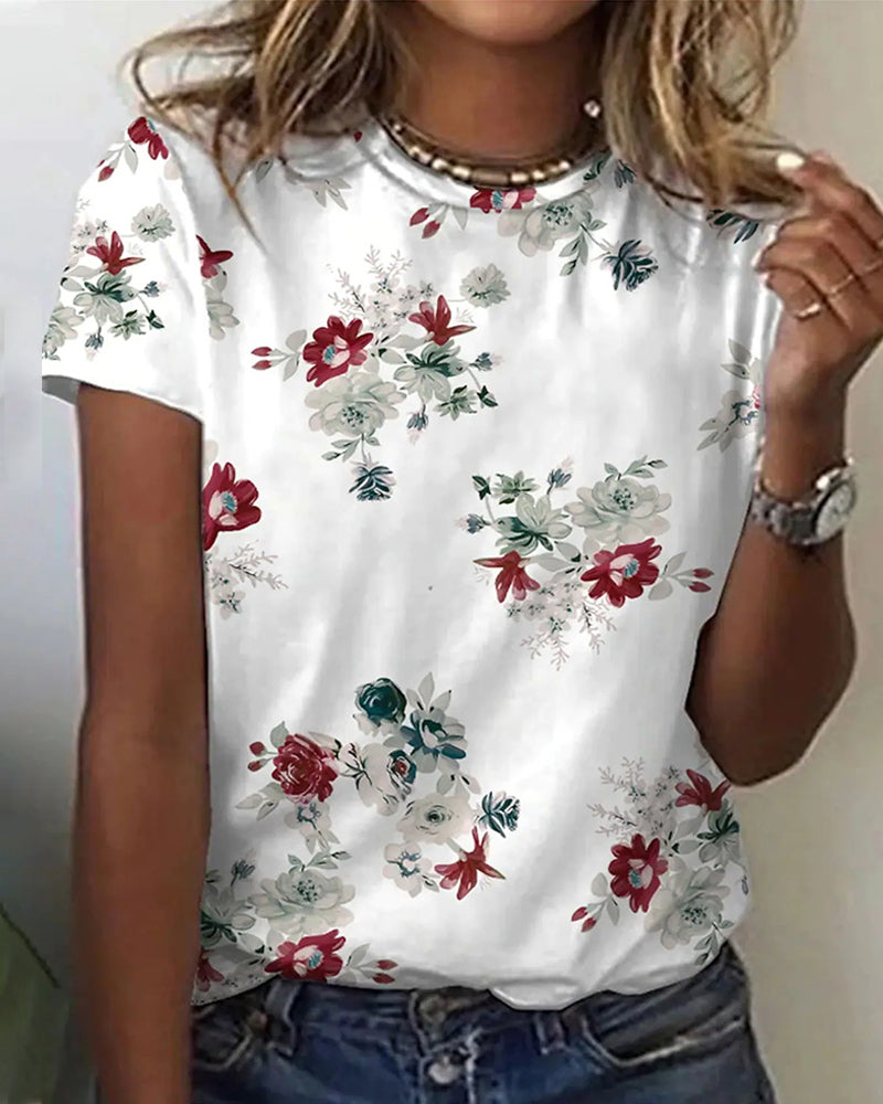 Modefest- T-Shirt mit Blumendruck und Rundhalsausschnitt mit kurzen Ärmeln Weiß