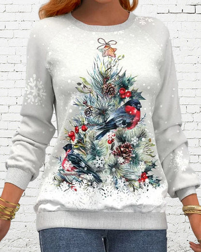 Modefest- Langarm-Sweatshirt mit Weihnachtsbaummuster und Vogel- und Schneeflockendruck