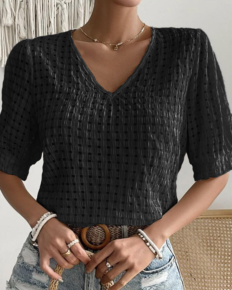 Modefest- Einfarbige Bluse mit V-Ausschnitt und kurzen Ärmeln Schwarz