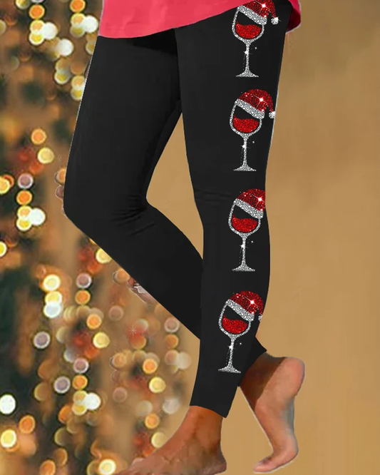 Modefest- Leggings mit weihnachtsaufdruck Seitliches Weinglas