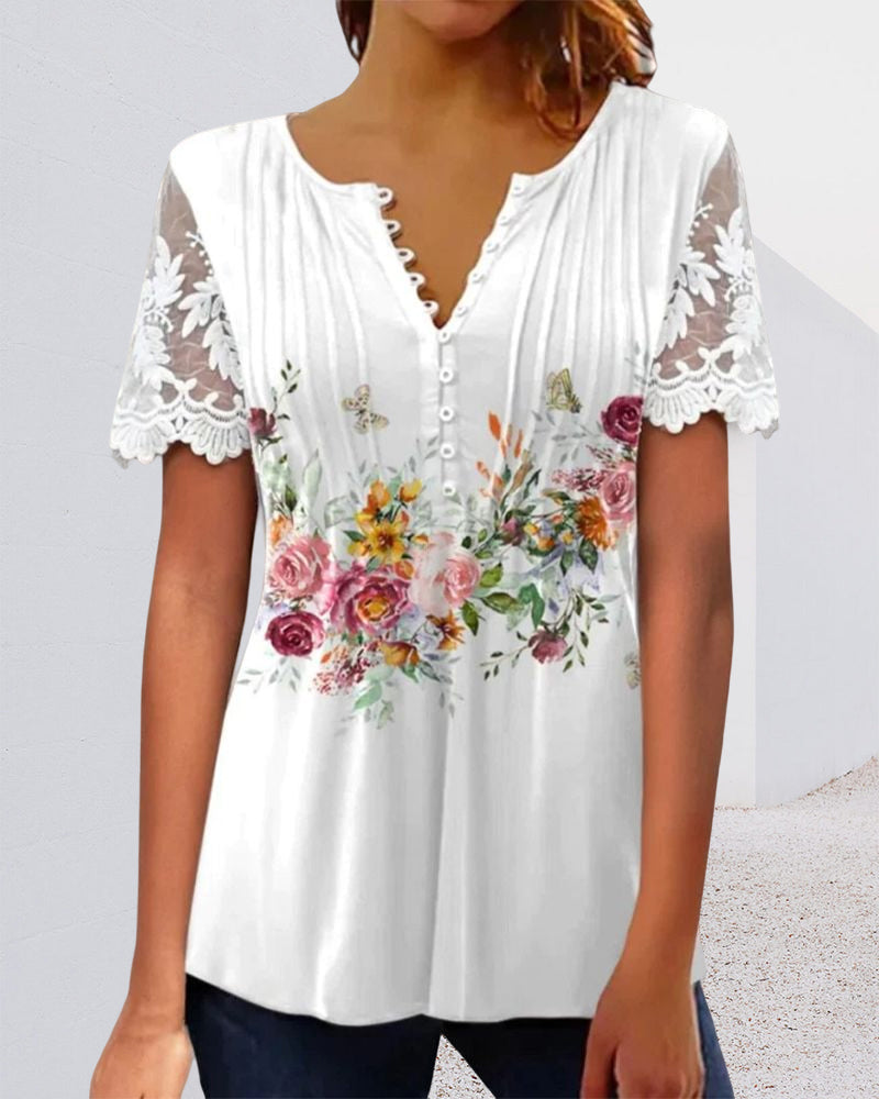Modefest- Spitzen-T-Shirt mit Blumendruck und kurzen Ärmeln