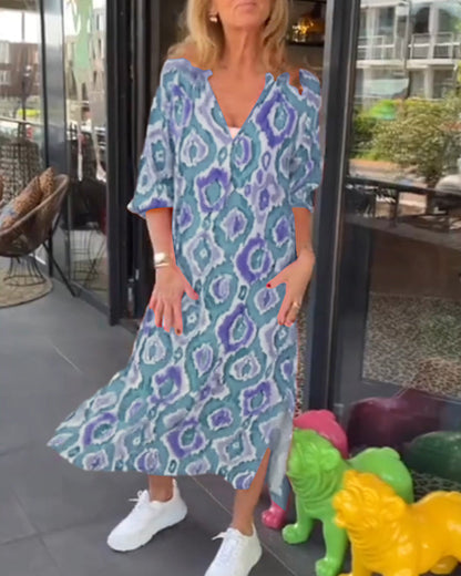 Modefest- Kleid mit modischem Print und halben Ärmeln Blau