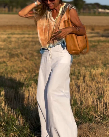 Casual printed v-neck short sleeve blouse